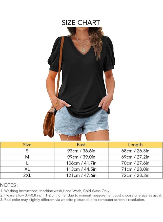 klarako Women V Neck Puff Sleeve Tops,Puff Sleeve T Shirt Summer Loose Casual Pure Color V Neck Short Sleeve Blouse Tops - Image 3