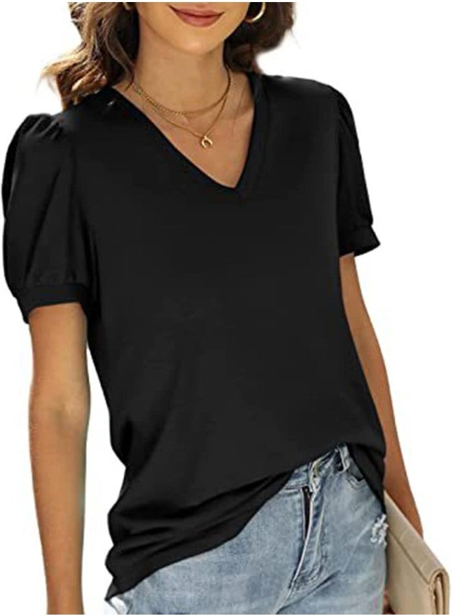 klarako Women V Neck Puff Sleeve Tops,Puff Sleeve T Shirt Summer Loose Casual Pure Color V Neck Short Sleeve Blouse Tops - Image 5