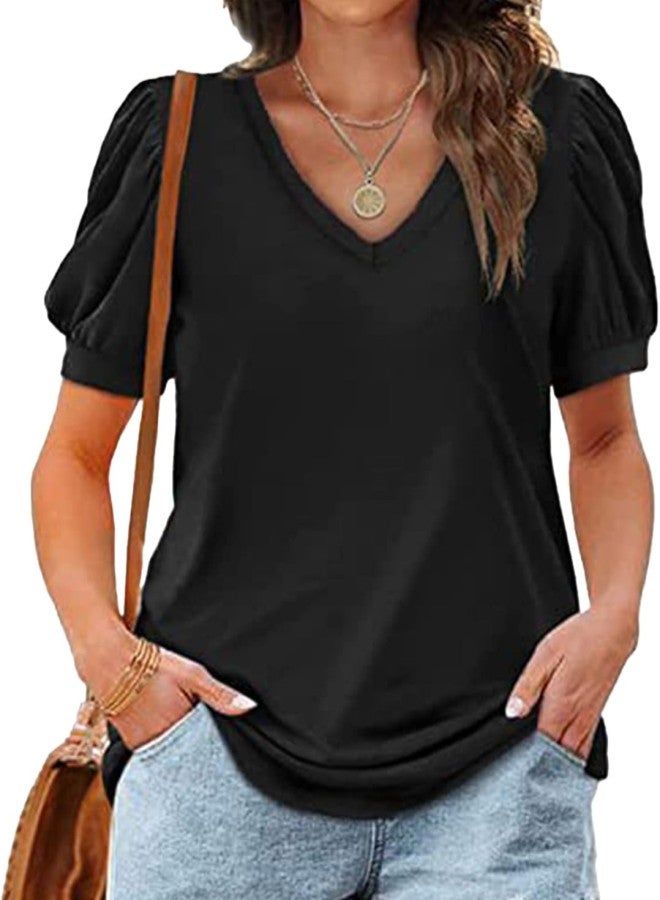 klarako Women V Neck Puff Sleeve Tops,Puff Sleeve T Shirt Summer Loose Casual Pure Color V Neck Short Sleeve Blouse Tops - Image 1