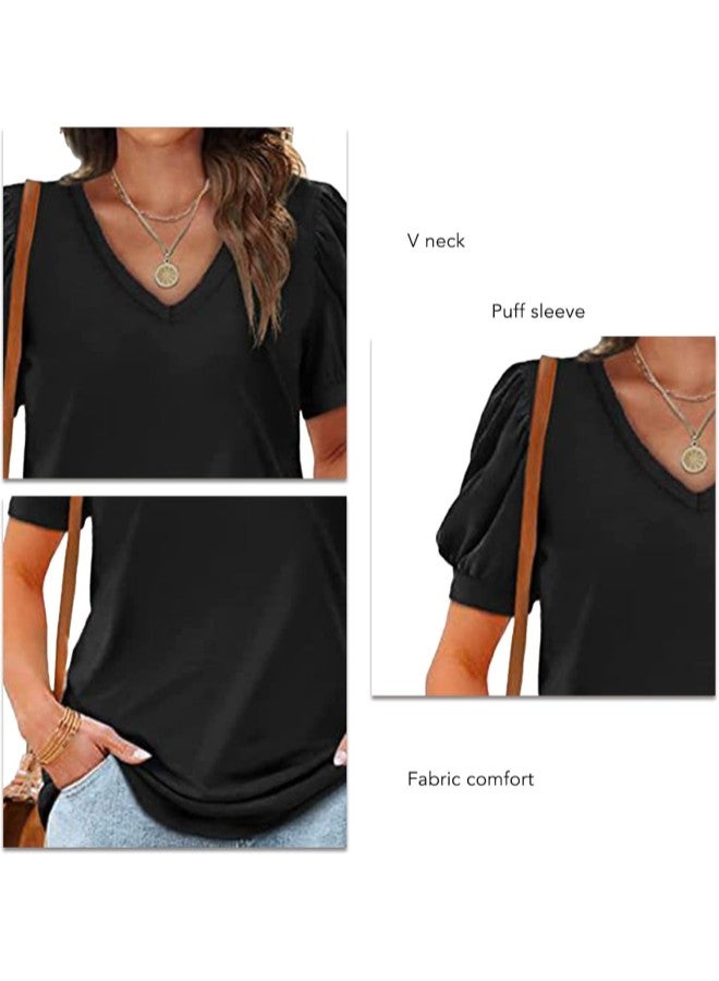 klarako Women V Neck Puff Sleeve Tops,Puff Sleeve T Shirt Summer Loose Casual Pure Color V Neck Short Sleeve Blouse Tops - Image 2