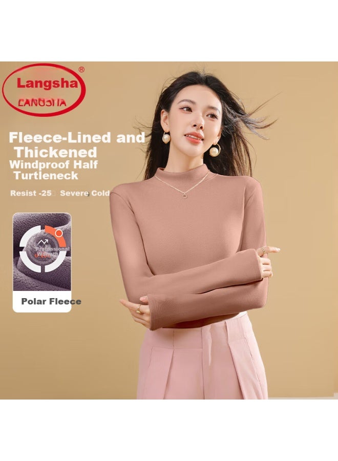 LANG SHA Langsha Women's Half Turtleneck Fleece-lined Base Shirt  Autumn Winter New Premium Slim Fit Woolen Top - Image 1