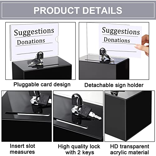 Tuanse 8 Packs Acrylic Donation Box with Lock and Sign Holder Clear Suggestion Ballot Box Plastic Voting Comment for Tip Jars Ticket Charity Survey Raffle Contest Fundraising, 6.1 x 4.3 x 3.8 Inch(Black) - Image 3