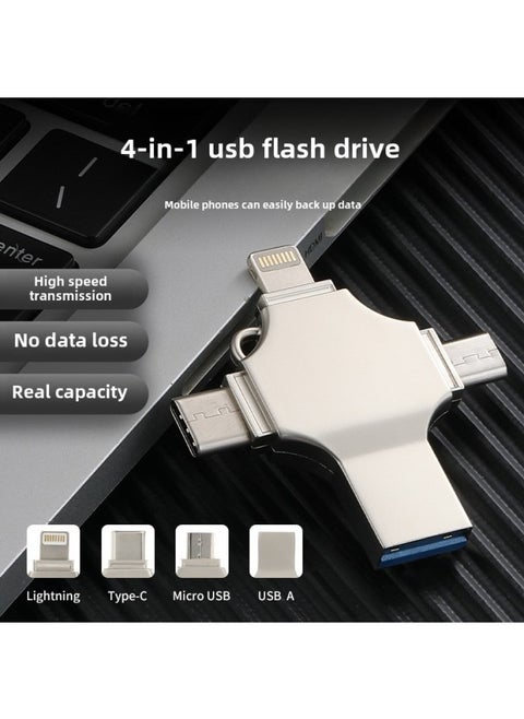 Multi-Function Four-In-One USB Flash Drive Compatible With For Apple Type-C Mobile Phones Cross OTG USB Drive Metal Shell USB 3.0-Capacity:8GB(APP Version Unlimited System)