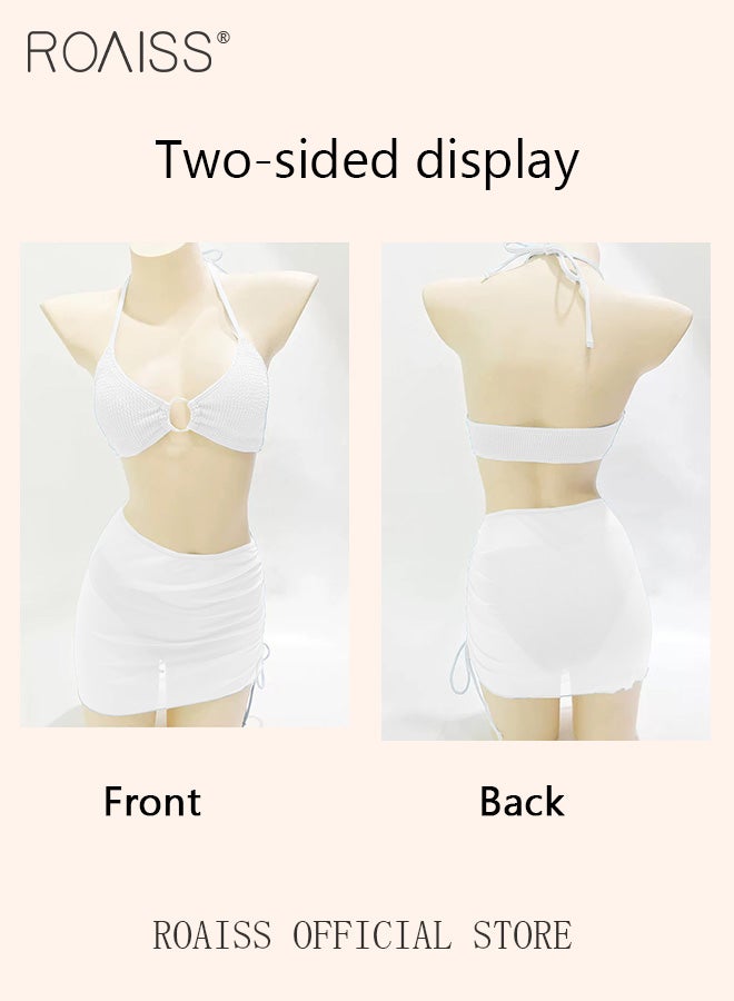 roaiss 3 Pack Bikini Sets Halter Beachwear Ladies Tankini Swimsuit Hollow Out Beach Skirt Push Up Textured Ring Linked for Swimwear Solid Black - Image 3