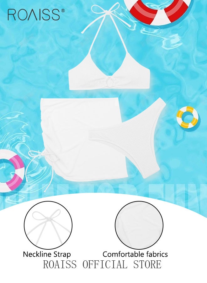 roaiss 3 Pack Bikini Sets Halter Beachwear Ladies Tankini Swimsuit Hollow Out Beach Skirt Push Up Textured Ring Linked for Swimwear Solid Black - Image 2