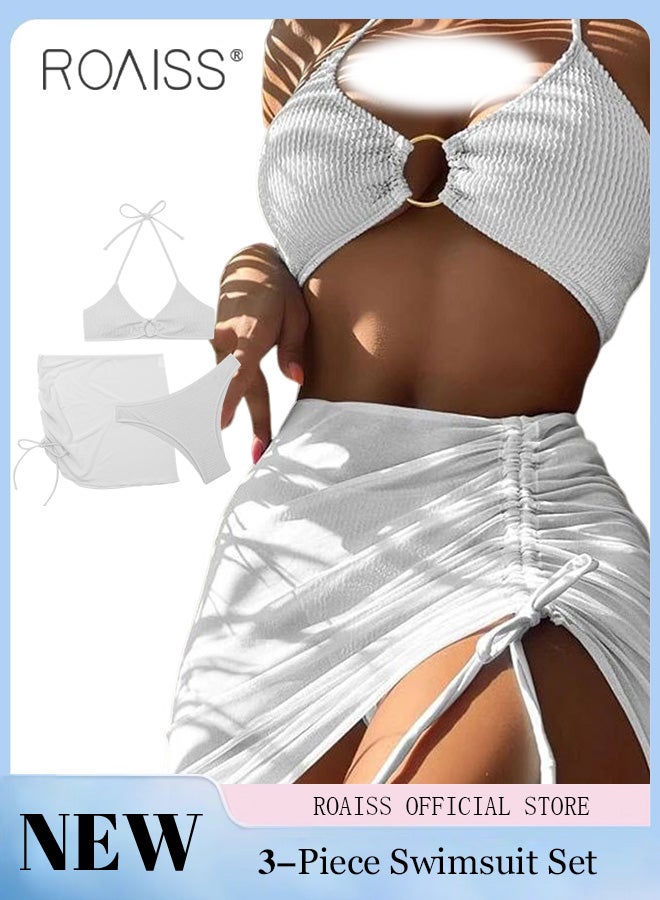 roaiss 3 Pack Bikini Sets Halter Beachwear Ladies Tankini Swimsuit Hollow Out Beach Skirt Push Up Textured Ring Linked for Swimwear Solid Black - Image 1