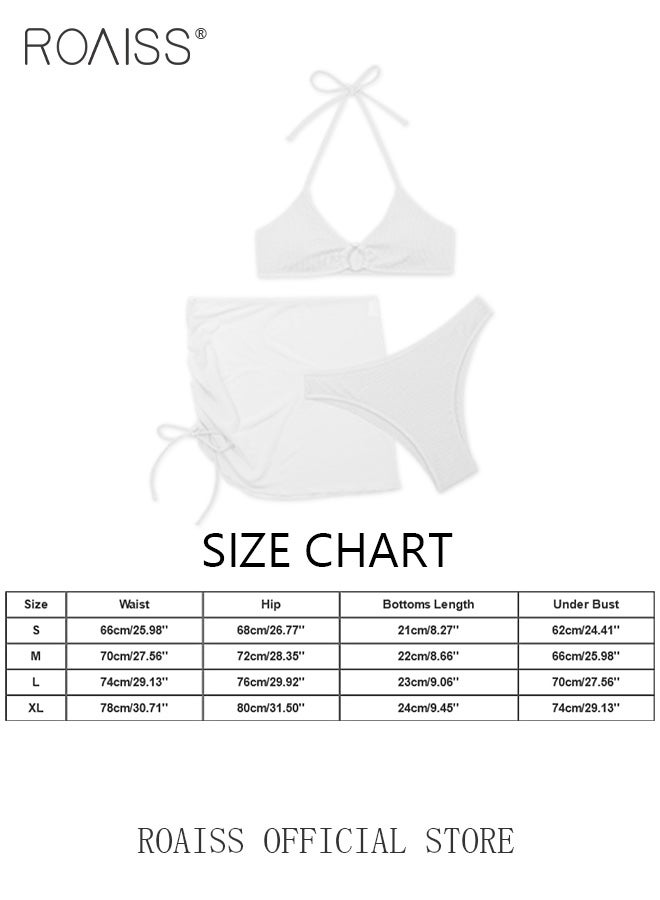 roaiss 3 Pack Bikini Sets Halter Beachwear Ladies Tankini Swimsuit Hollow out Beach Skirt Push Up Textured Ring Linked for Swimwear Solid White Simple and Elegant Elastic Holiday Swimsuit - Image 5