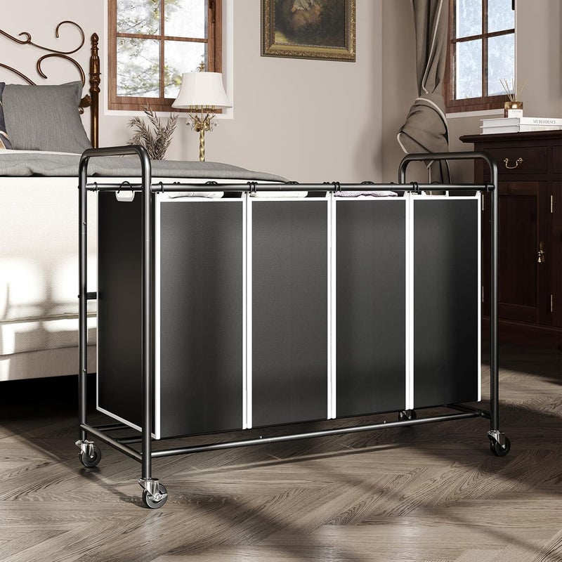 ROMOON Laundry Hamper Sorter Cart: 4-Section Organizer with Heavy-Duty Lockable Wheels and Removable Bags | 180L Rolling Laundry Basket for Dirty Clothes in Laundry Room or Small Spaces (Black) - Image 2