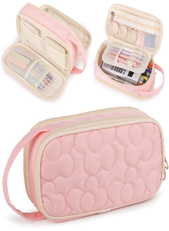 Bunnychill Pencil Case For Girls,Flower Quilted Large Capacity Pencil Pouch With 2 Compartment, Zipper Pencil Bag With Handle, Women Soft Pencil Box For Middle School Office College - Image 1