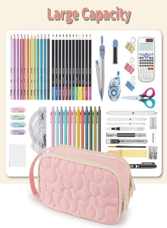 Bunnychill Pencil Case For Girls,Flower Quilted Large Capacity Pencil Pouch With 2 Compartment, Zipper Pencil Bag With Handle, Women Soft Pencil Box For Middle School Office College - Image 3