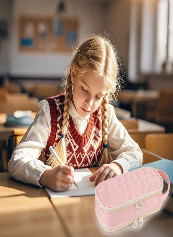 Bunnychill Pencil Case For Girls,Flower Quilted Large Capacity Pencil Pouch With 2 Compartment, Zipper Pencil Bag With Handle, Women Soft Pencil Box For Middle School Office College - Image 2