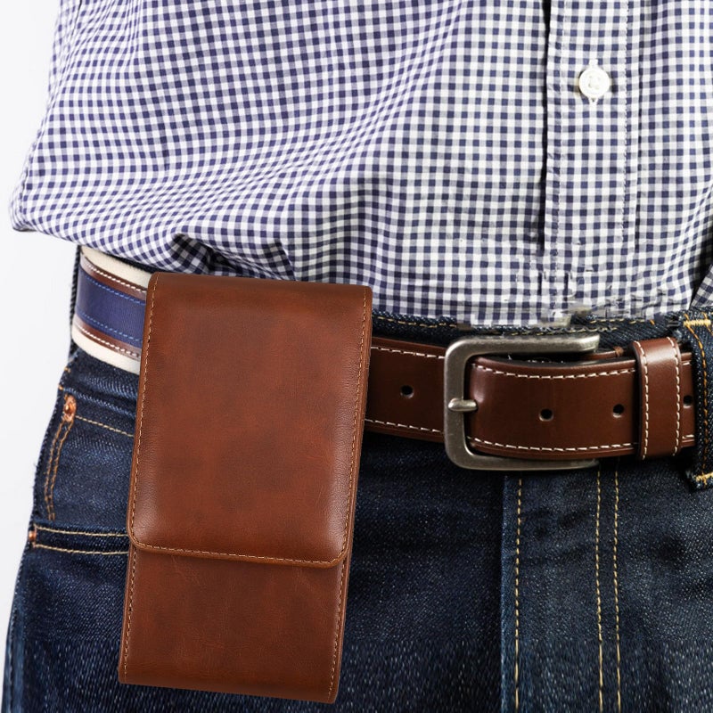 Brown Leather Mens Phone Waist Bag Dual Card Slots Belt Clip For Outdoor Sports - Image 3