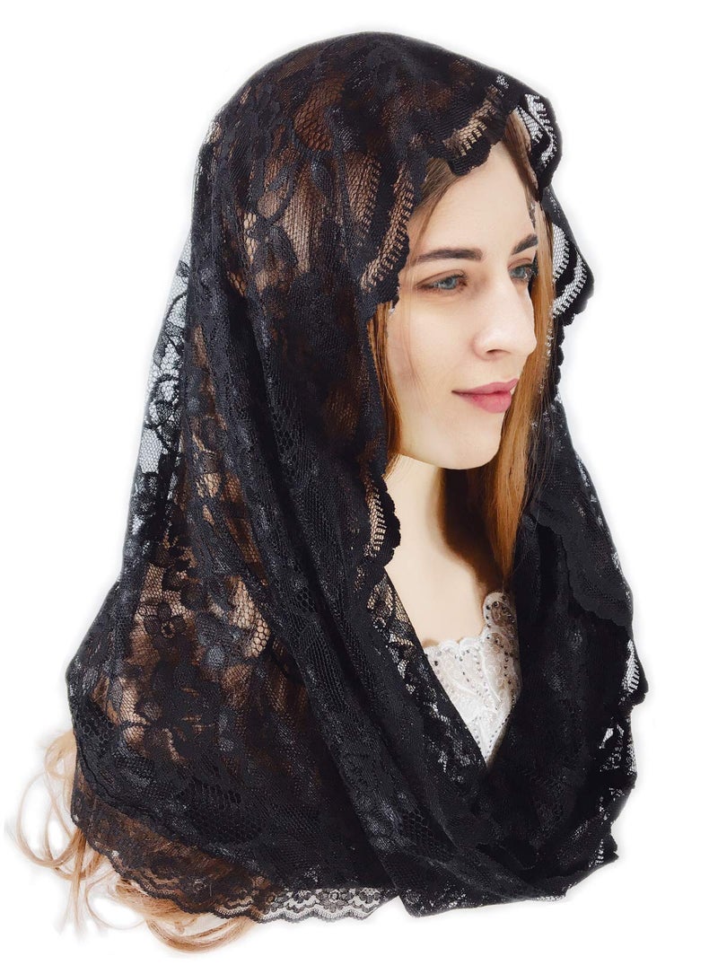 PAMOR Infinity Chapel Veil Floral Latin Mass Head Covering Lace Scarf Mantilla Veils for Church (Black) - Image 1