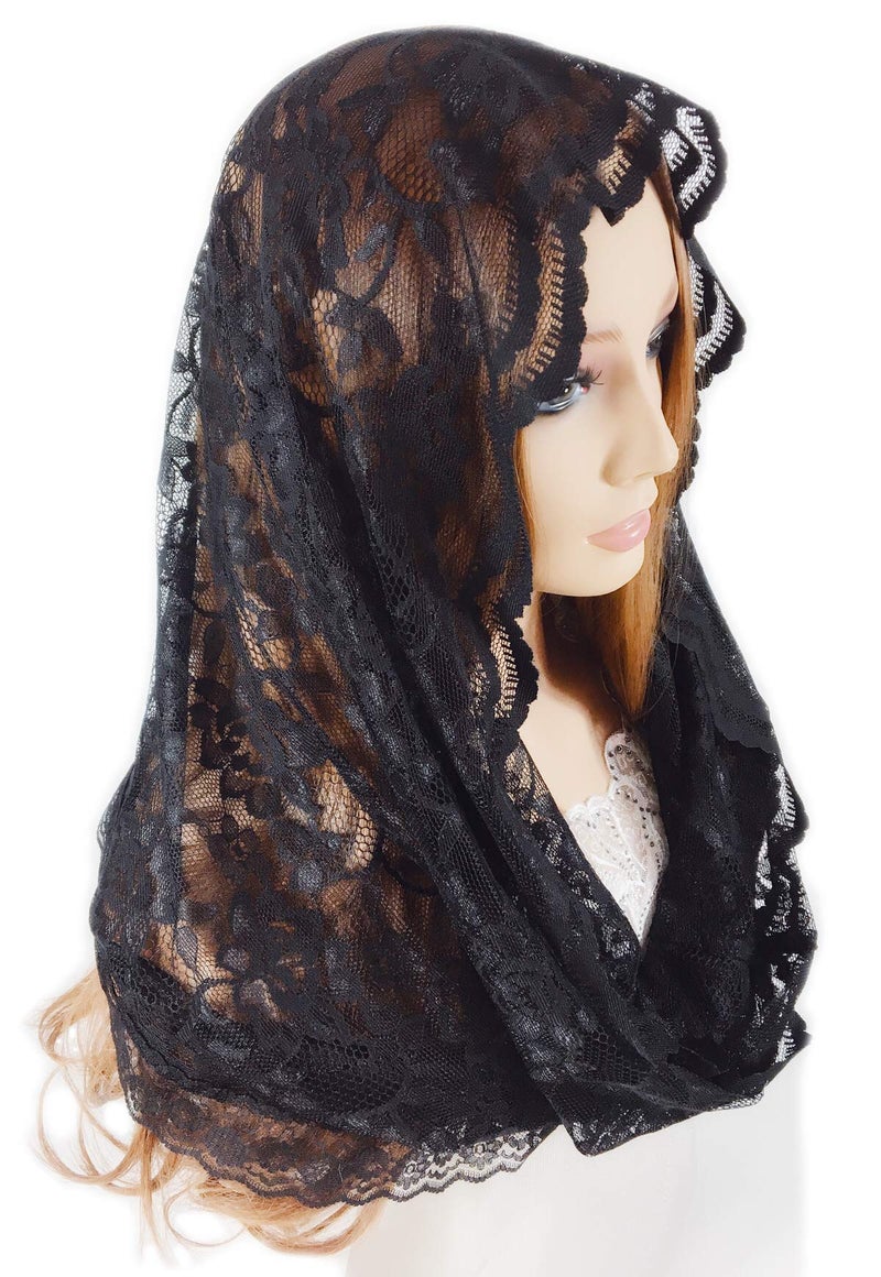 PAMOR Infinity Chapel Veil Floral Latin Mass Head Covering Lace Scarf Mantilla Veils for Church (Black) - Image 4