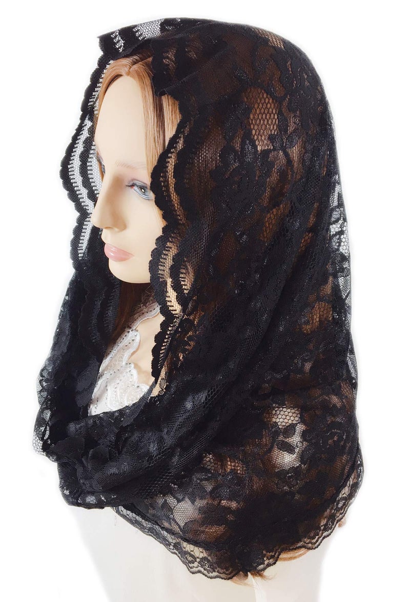 PAMOR Infinity Chapel Veil Floral Latin Mass Head Covering Lace Scarf Mantilla Veils for Church (Black) - Image 3