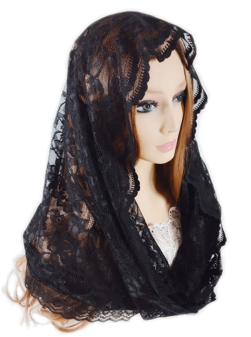 PAMOR Infinity Chapel Veil Floral Latin Mass Head Covering Lace Scarf Mantilla Veils for Church (Black) - Image 2