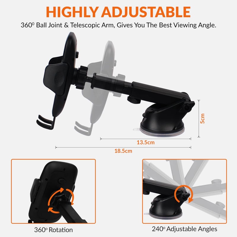 Tukzer Universal Car Mount Mobile Holder Stand| Strong Suction Cup, Double Shift Locking for Dashboard Windshield| Quick Touch Release, Long Telescopic Arm, 360° Rotatable Head| for All Mobile Phones,Black - Image 5