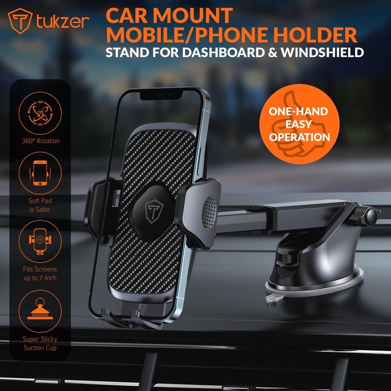 Tukzer Universal Car Mount Mobile Holder Stand| Strong Suction Cup, Double Shift Locking for Dashboard Windshield| Quick Touch Release, Long Telescopic Arm, 360° Rotatable Head| for All Mobile Phones,Black - Image 2
