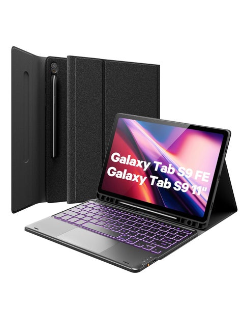 GreenLaw English and Arabic Keyboard Case for Samsung Galaxy Tab  S9 FE 5g Case with Keyboard, Galaxy Tab S9 Keyboard Case, 7 Color Backlit Touchpad Keyboard with Pencil Holder, Magnetic Detachable, for Galaxy Tab S9 FE 10.9", S9 11",
