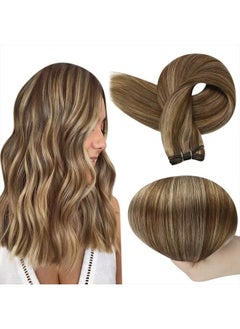 Full Shine Brown Hair Weft Extensions for Women Weft Hair Extensions Real Human Hair Medium Brown Highlights Blonde Sew in Hair Extensions Real Human Hair Highlight Brown Weft Real Hair 105g 18 Inch  - Image 1