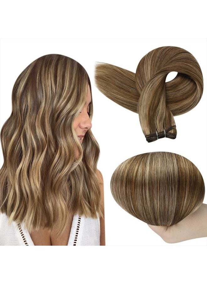 Full Shine Brown Hair Weft Extensions for Women Weft Hair Extensions Real Human Hair Medium Brown Highlights Blonde Sew in Hair Extensions Real Human Hair Highlight Brown Weft Real Hair 105g 18 Inch  - Image 1