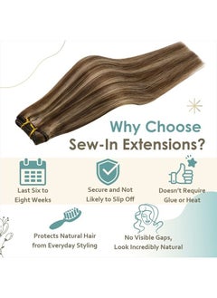 Full Shine Brown Hair Weft Extensions for Women Weft Hair Extensions Real Human Hair Medium Brown Highlights Blonde Sew in Hair Extensions Real Human Hair Highlight Brown Weft Real Hair 105g 18 Inch  - Image 2