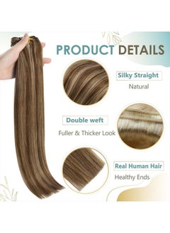 Full Shine Brown Hair Weft Extensions for Women Weft Hair Extensions Real Human Hair Medium Brown Highlights Blonde Sew in Hair Extensions Real Human Hair Highlight Brown Weft Real Hair 105g 18 Inch  - Image 4