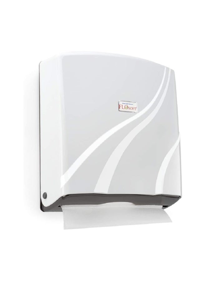 فلوسوفت موزع مناشف ورقية طي Z للتثبيت على الحائط مصنوع من بلاستيك ABS بسعة 300 منديل ورقي باللون الأبيض مقاس 22 سم × 22 سم - Image 1