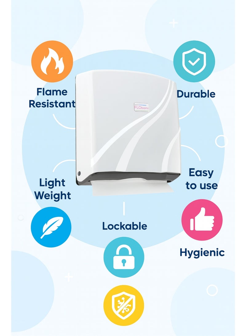 فلوسوفت موزع مناشف ورقية طي Z للتثبيت على الحائط مصنوع من بلاستيك ABS بسعة 300 منديل ورقي باللون الأبيض مقاس 22 سم × 22 سم - Image 4