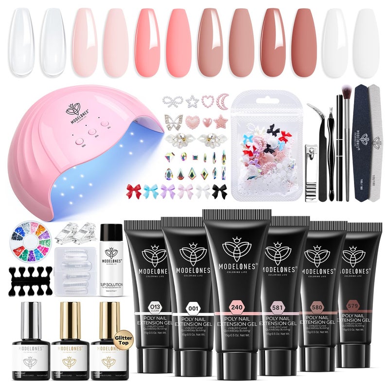 Modelones Poly Extension Gel Nail Kit 6 Colors Pink Nude with 48W U VLED Lamp Slip Solution 3D Bow Pearl Charms Decoration Rhinestone Glitter Tools for Manicure Beginner Starter Kit DIY at Home