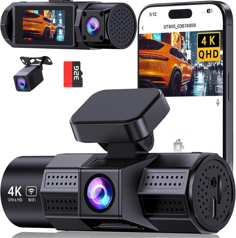 TUIFAC 4K 3 Channel Dash Cam Front and Rear Inside, Wi-Fi Full HD Dash Camera for Cars, WDR Night Vision, 2 inch IPS Screen 32GB SD Card Included App Control, Parking Mode G-Sensor Support 256 GB Max - Image 1