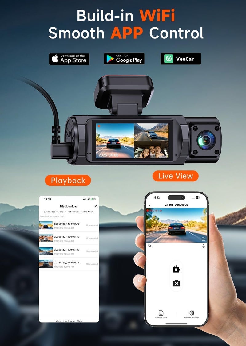 TUIFAC 4K 3 Channel Dash Cam Front and Rear Inside, Wi-Fi Full HD Dash Camera for Cars, WDR Night Vision, 2 inch IPS Screen 32GB SD Card Included App Control, Parking Mode G-Sensor Support 256 GB Max - Image 4