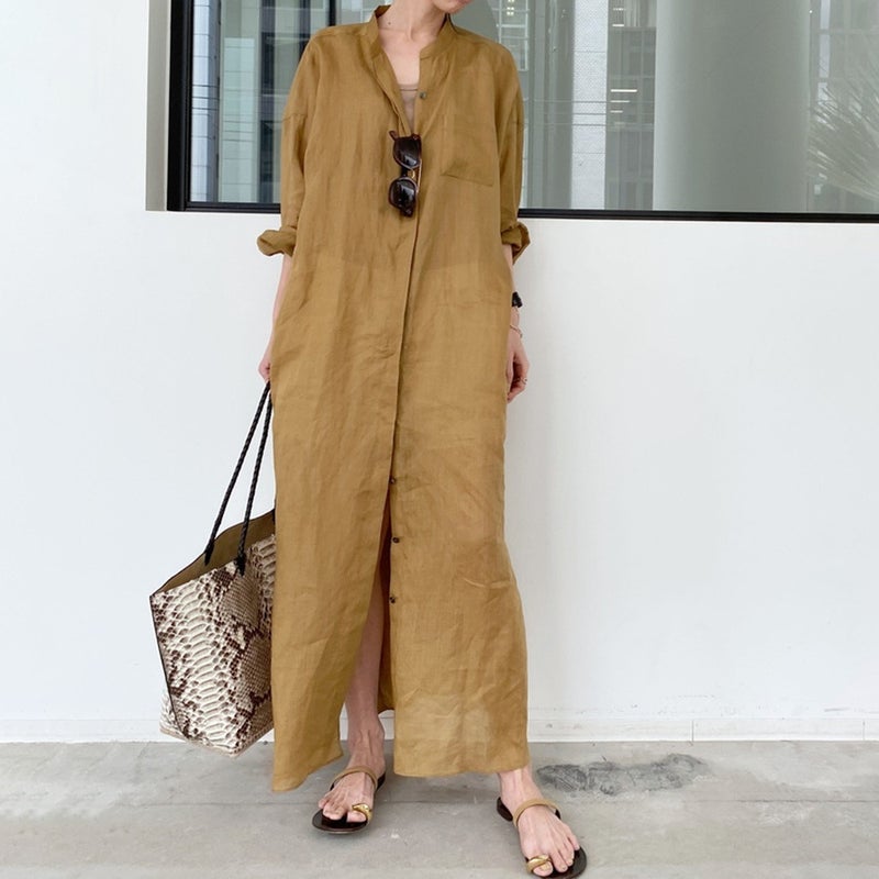 2024 Summer Linen Shirt Dress Womens Loose Fit Yellowish Brown  - Image 1