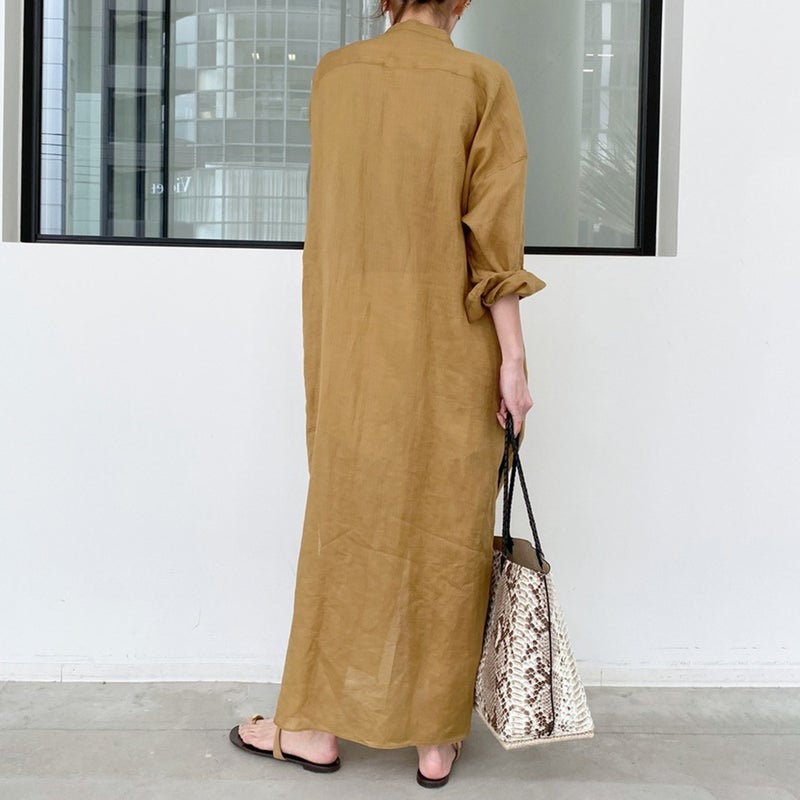2024 Summer Linen Shirt Dress Womens Loose Fit Yellowish Brown  - Image 3