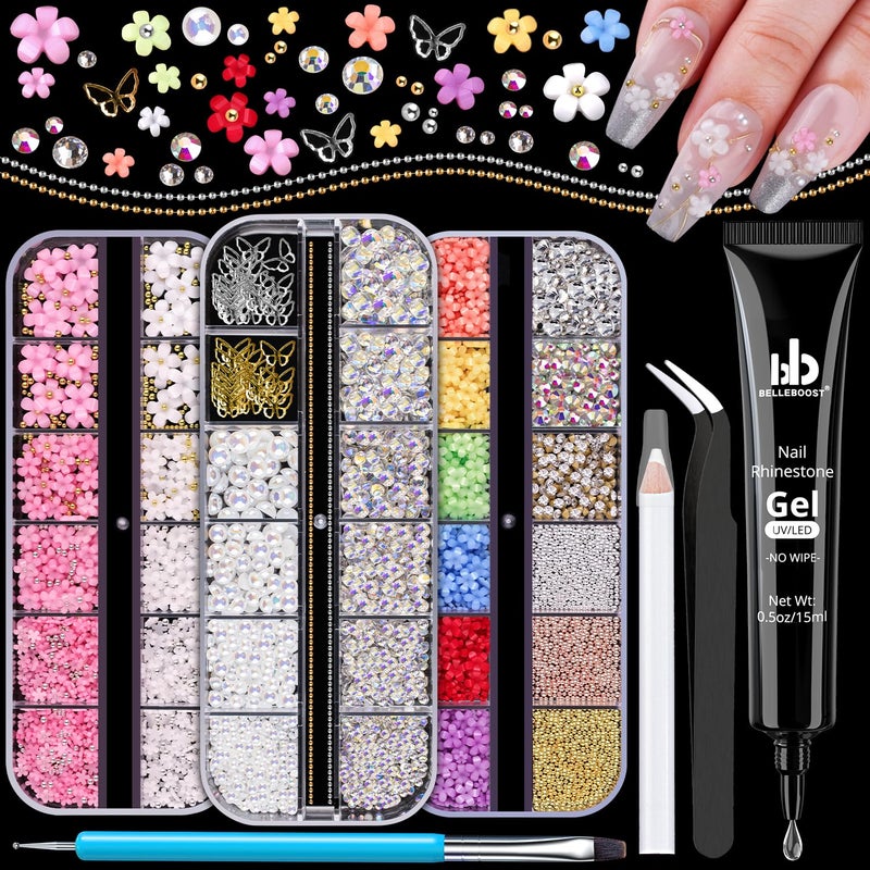 3D Nail Charms Manicure Kit with Nail Rhinestone Glue Gel UV Curing Butterfly Colorful Flower Starry AB Gems Caviar Beads Half Round Pearl  Flatback Glass AB  Clear Crystal with Dotting Tools