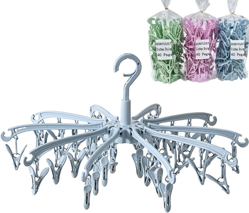 BONYCUST Foldable Drying Rack with 40 Clips for Drying Socks Lingerie Baby Clothes Drying Towels Rotatable Sock Drying Rack (Blue) - Image 1