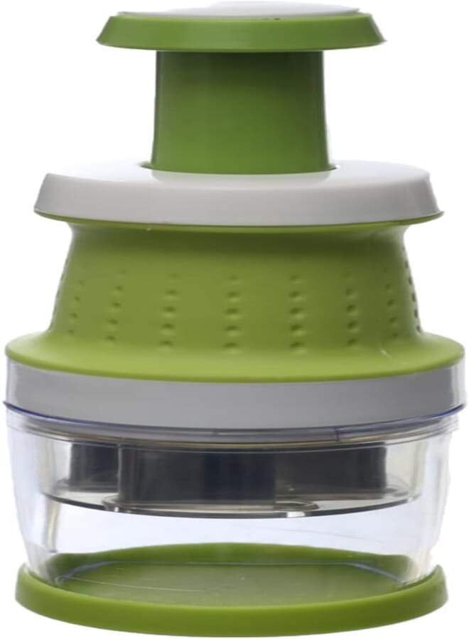 HAPPY HOME Round Manual Garlic and Herb Slicer with a Push Button, Transparent Tank and Rotating Stainless Steel Blades, Green/White