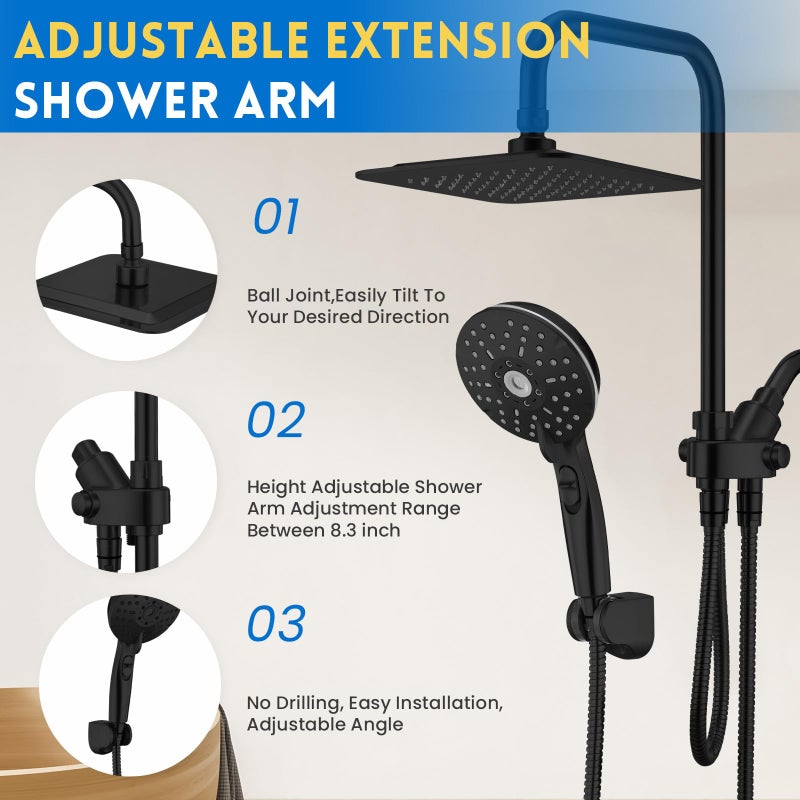 Ryamen Dual Shower Head Combo, 8'' High Pressure Rain Shower Head with Handheld Spray, 6 Settings Handheld Showerhead, 15" Height Adjustable Slide Bar, Angle Adjustable, Matte Black - Image 5