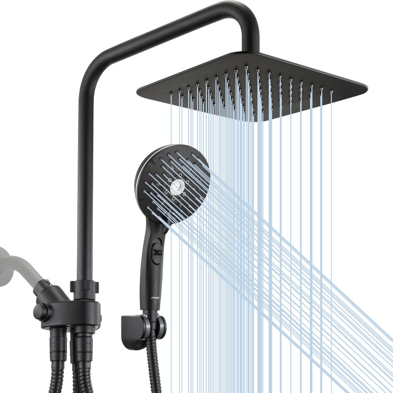 Ryamen Dual Shower Head Combo, 8'' High Pressure Rain Shower Head with Handheld Spray, 6 Settings Handheld Showerhead, 15" Height Adjustable Slide Bar, Angle Adjustable, Matte Black - Image 1