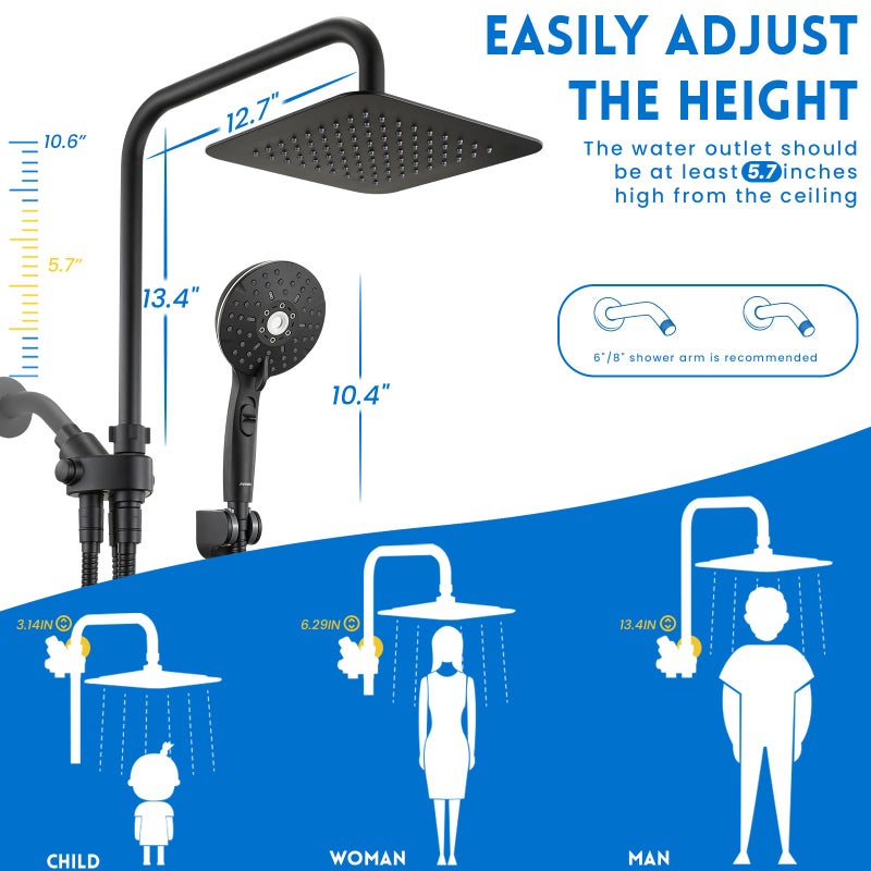 Ryamen Dual Shower Head Combo, 8'' High Pressure Rain Shower Head with Handheld Spray, 6 Settings Handheld Showerhead, 15" Height Adjustable Slide Bar, Angle Adjustable, Matte Black - Image 2
