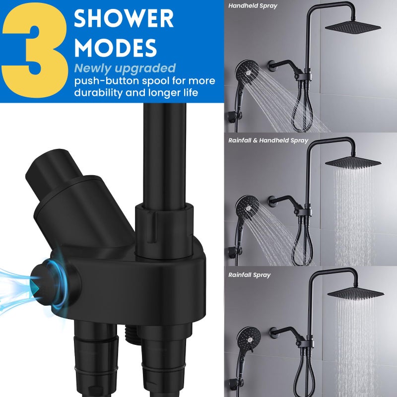 Ryamen Dual Shower Head Combo, 8'' High Pressure Rain Shower Head with Handheld Spray, 6 Settings Handheld Showerhead, 15" Height Adjustable Slide Bar, Angle Adjustable, Matte Black - Image 4