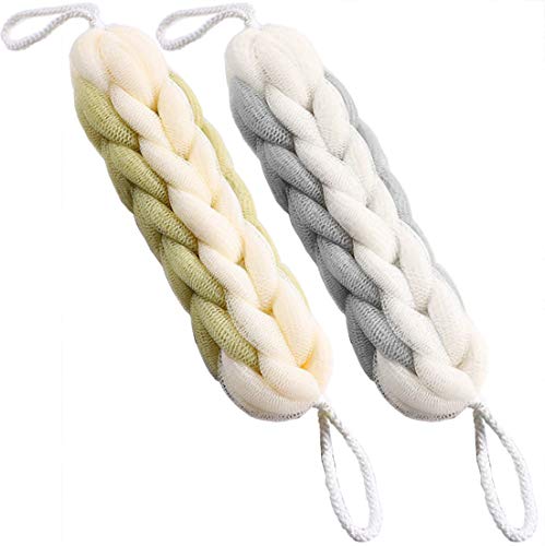 AARAINBOW 2 Packs Upgraded Long Stretch Back Sponge with Rope Handles Back Scrubber Bath Shower Mesh Sponge Exfoliating Body Scrub Stretch Braided Loofah for Men Women Shower Rope (Gray+Green) - Image 1