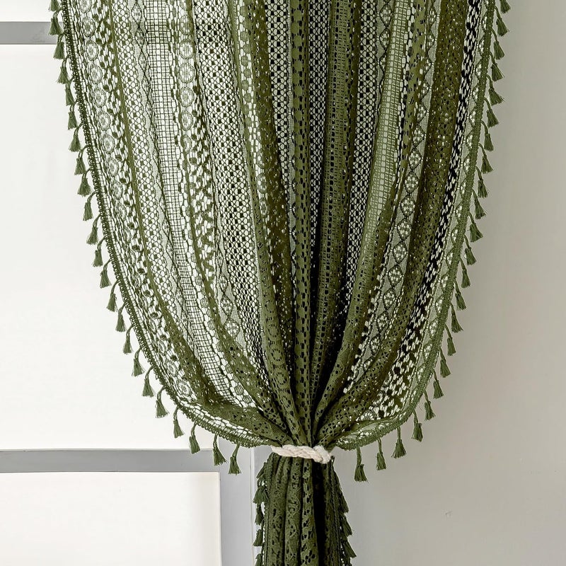WAZZIO Olive Green Sheer Curtains 84 Inches Long 2 Panel - Light Filtering Privacy Home Decor Window Curtains Panel,Rod Pocket Cotton Blend Tassel Trim Crochet Lace Drapes for Living Room,Bedroom - Image 1