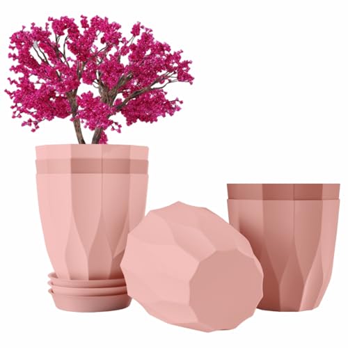 JD FRESH 5 Pack Plastic ARO Flower Pots with Drainage & Bottom Tray/Lightweight, UV & Weather Resistant/6 Inch Planters for Indoor/Outdoor/Home/Balcony/Terrace/Garden Plant Pots (Baby Pink) - Image 1