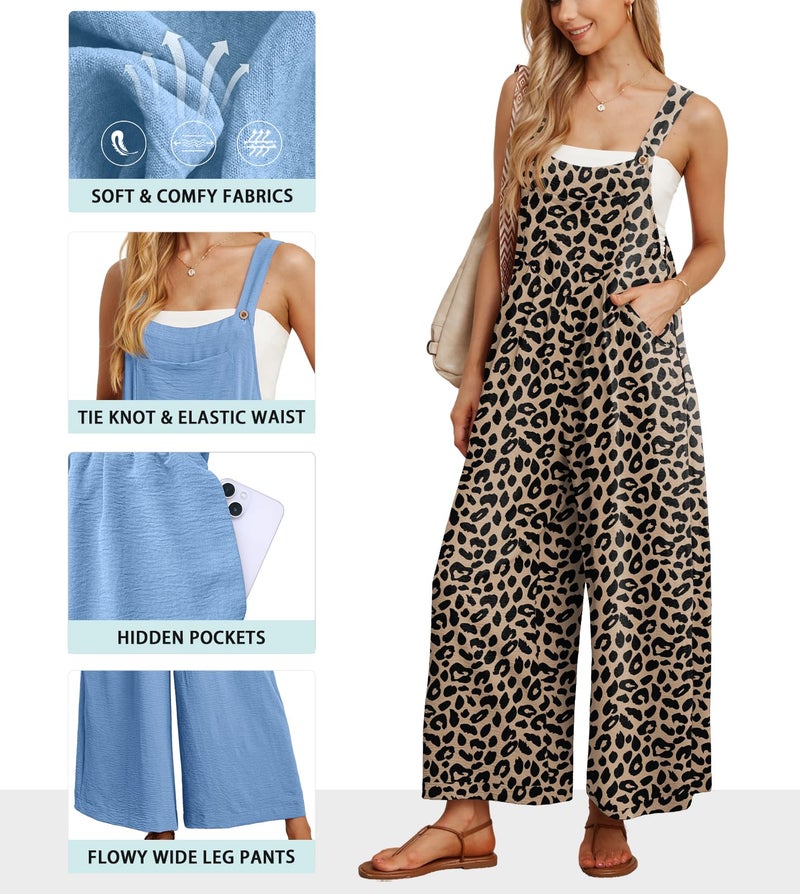 IWOLLENCE Women's Summer Jumpsuits Boho Wide Leg Overalls Casual Loose Rompers with Pockets 2024 LD Khaki X-Large - Image 4