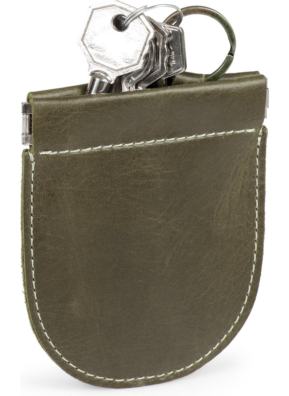 Londo - Genuine Leather Retro Design Spring Mechanism Pouch Keychain Khaki - Image 1