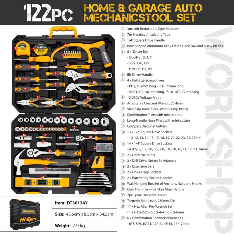 Hi-Spec 122 Piece Auto Mechanics Tool Kit Set for Car and Bike Repair - Image 2