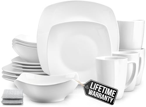 Zulay Kitchen Luna Plates and Bowls Sets, 16 Piece Modern Porcelain Dish Set for 4, Chip and Scratch Resistant Square Dinnerware Set, Microwave and Dishwasher Safe, Pearl White - Image 1