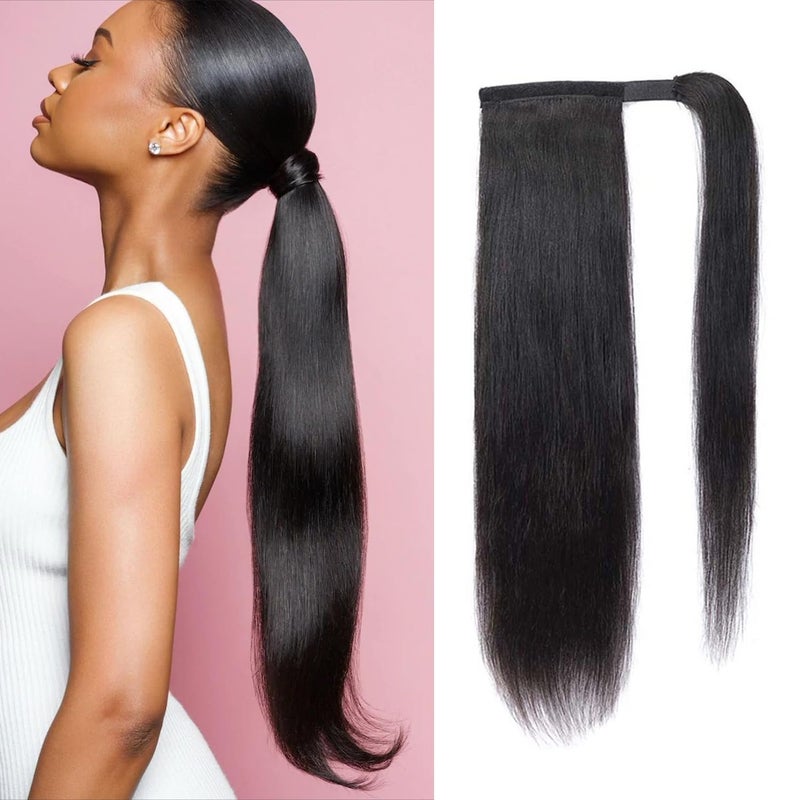 Seelaak 24 Inches Long Straight Remy Human Hair Ponytail Extension Wrap Around Ponytail Hair Piece with Clips Magic Paste Binding Pony Tail Hairpiece 1B 100gset