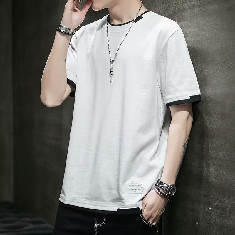 Short-sleeved T-shirt Men's Fashion Brand Fashion Clothes Summer Men's Half-sleeved Round Neck Student T-shirt Fake Two-piece Solid Color Half-sleeved - Image 4